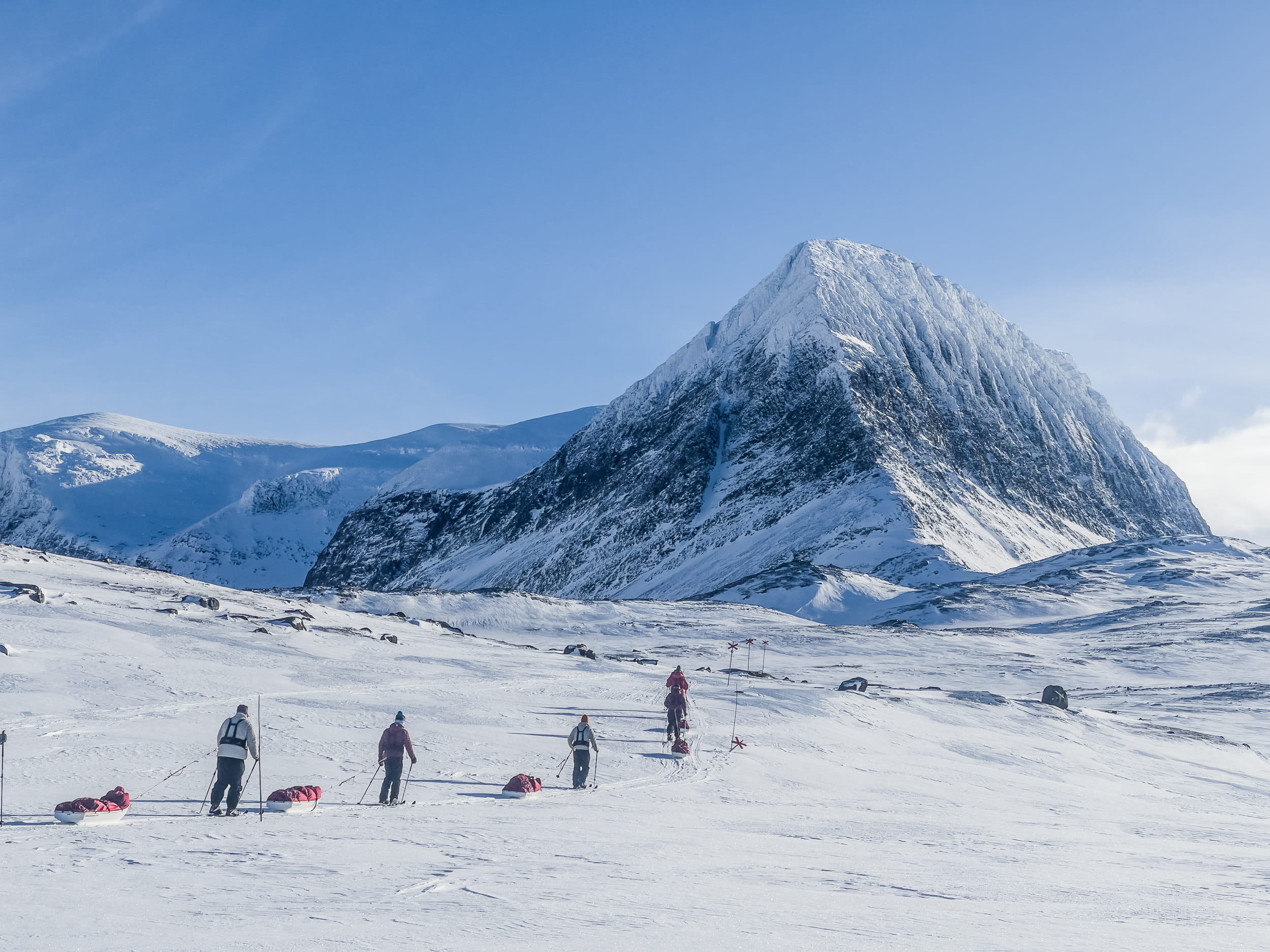 Grupo avanzando con esquís de fondo por un valle nevado en Laponia